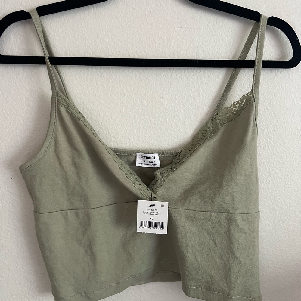 Cotton On Olive Green V-Neck Lace Trim Crop Top